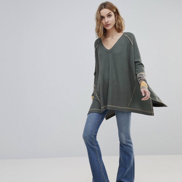 Free People We The Free Lovin Leopard Green Thermal Waffle Womens Sz S Tunic Top - Picture 2 of 7